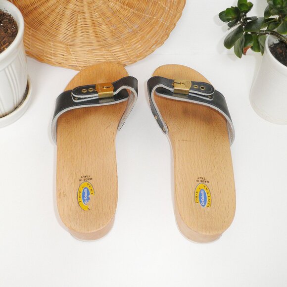 Vintage The Original Dr. Scholl's Exercise Sandals Black Wooden Sole Size 8 - Picture 6 of 9